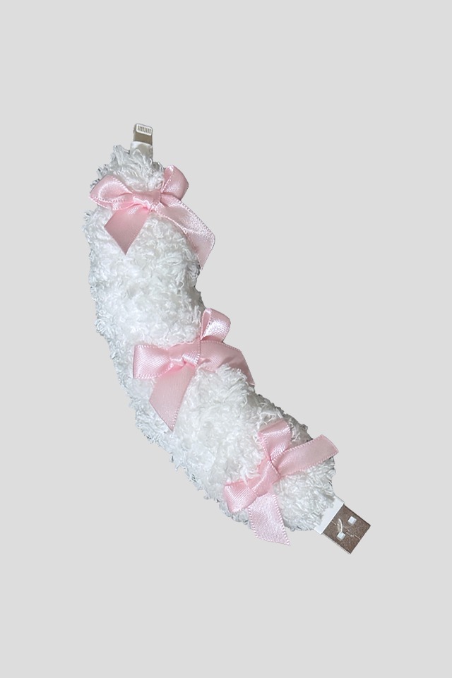 Fuzzy mini cable_Ribbon_White (Pink)